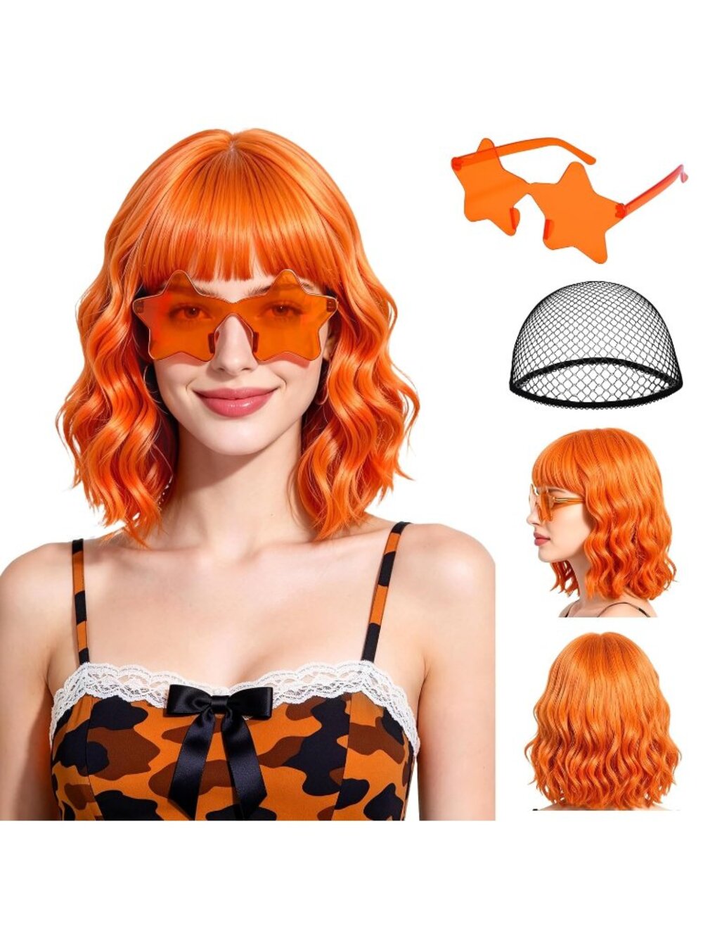 Women's Orange Short Wavy Bob Bangs 15.7 Inch Heat Resistant Synthetic Wig